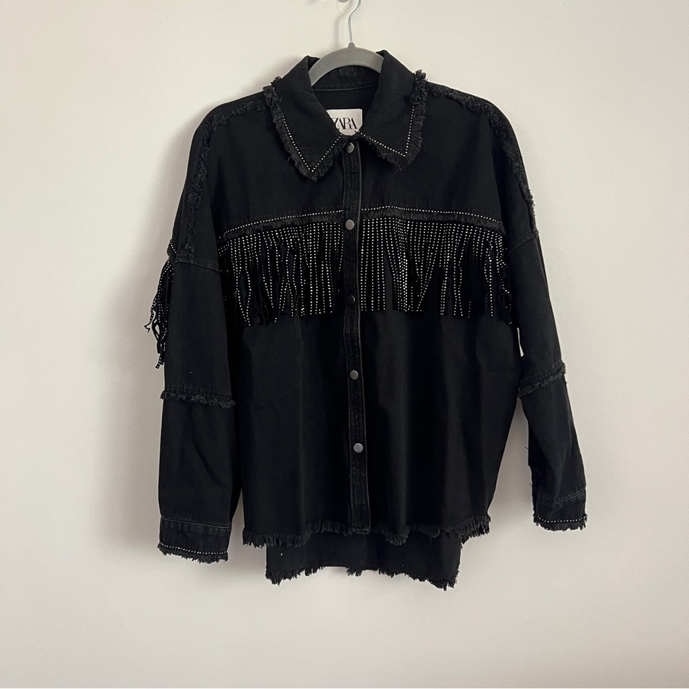 Zara Rhinestone Fringe Studded Jean Jacket Black Women’s Size XS - Picture 2 of 8